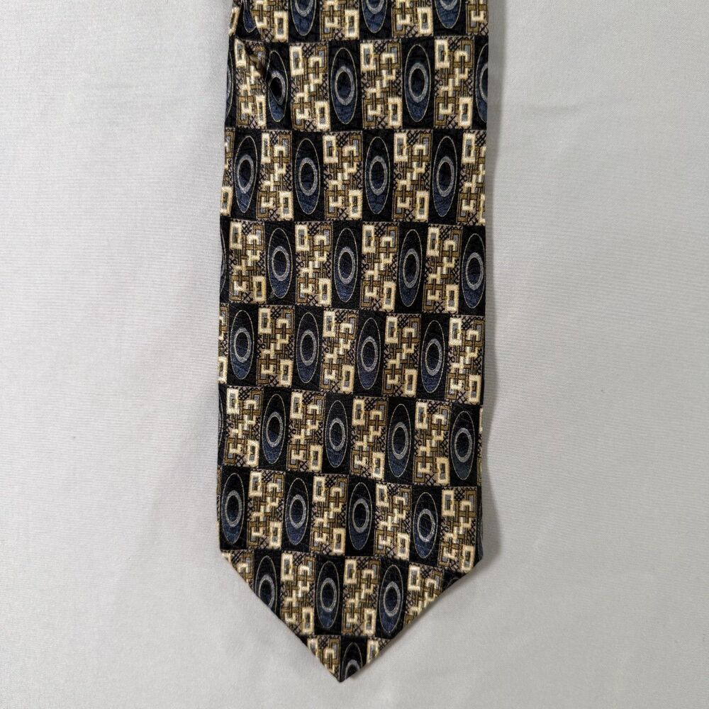Pavia Italy Black Brown Tan Geometric Medallion 100% Silk Tie Long Length